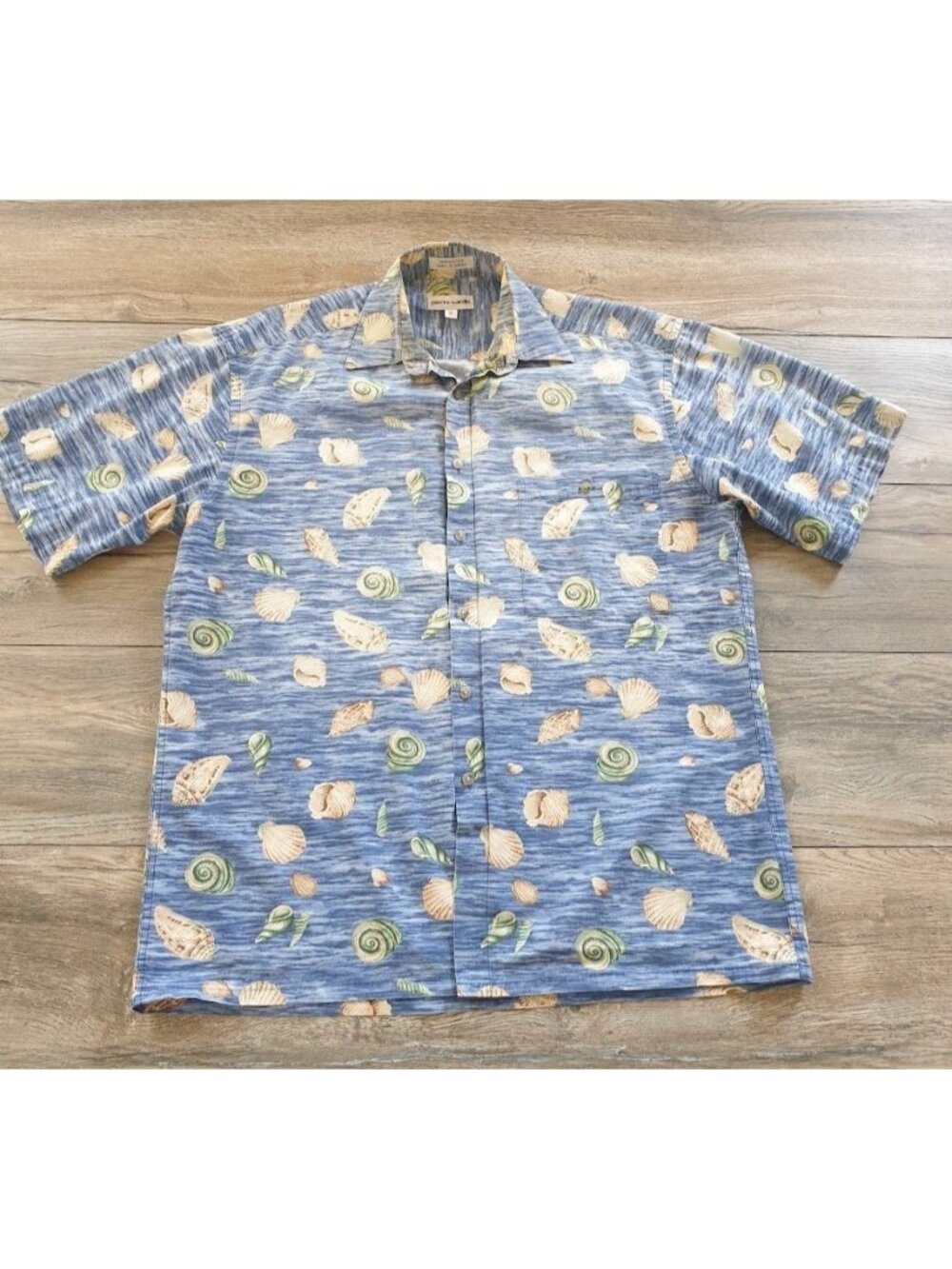 Pierre Cardin Hawaiian Shirt Shells Ocean Print Short Sleeves Casual M Blue FLAW